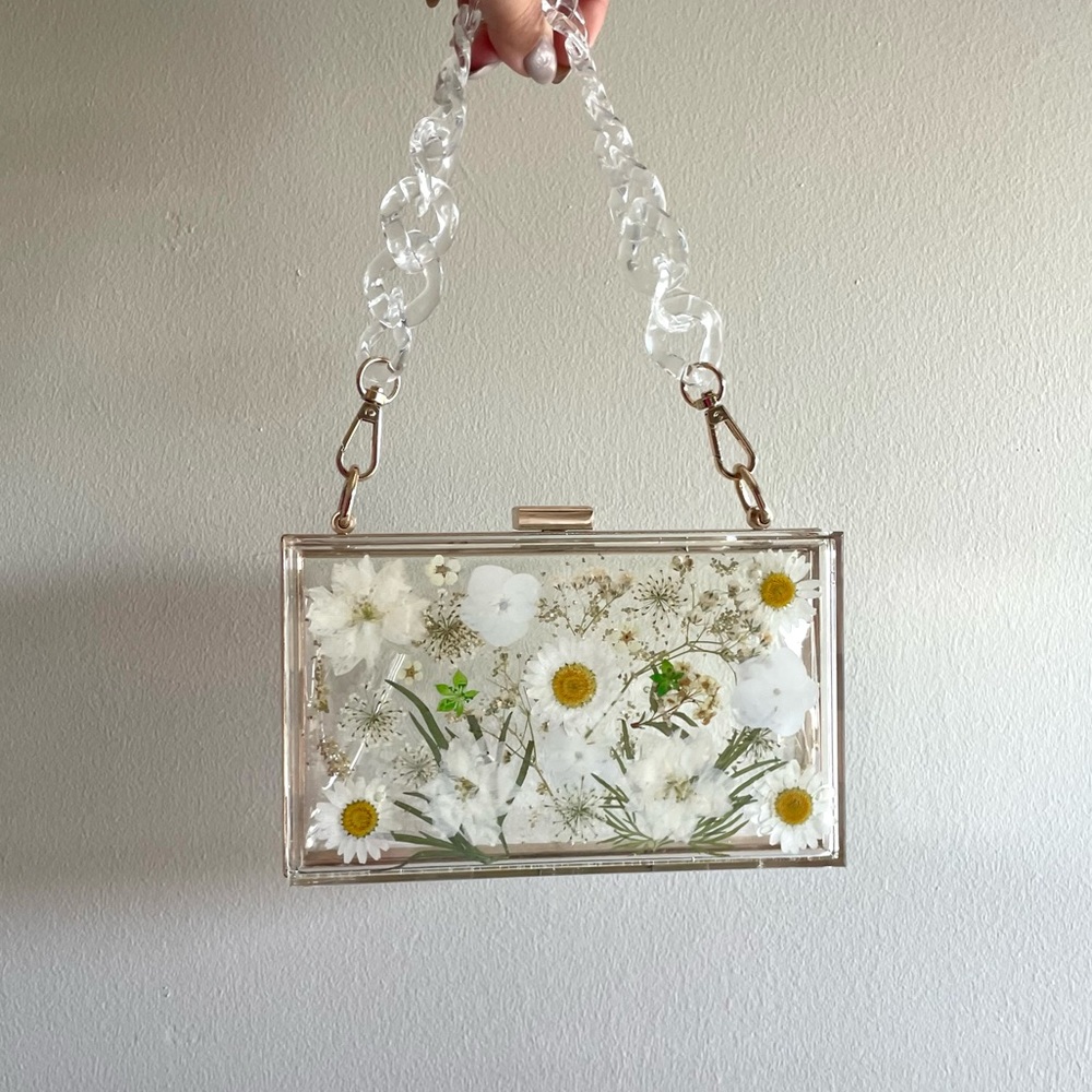 Clear Lucite Handbag Dried Flower Detail